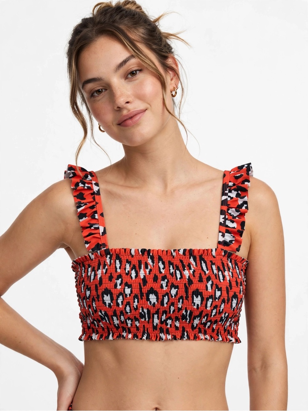 Summer Mae Medium Red Leopard Print Smocked Bikini Top Ruffle Strap Swimwear